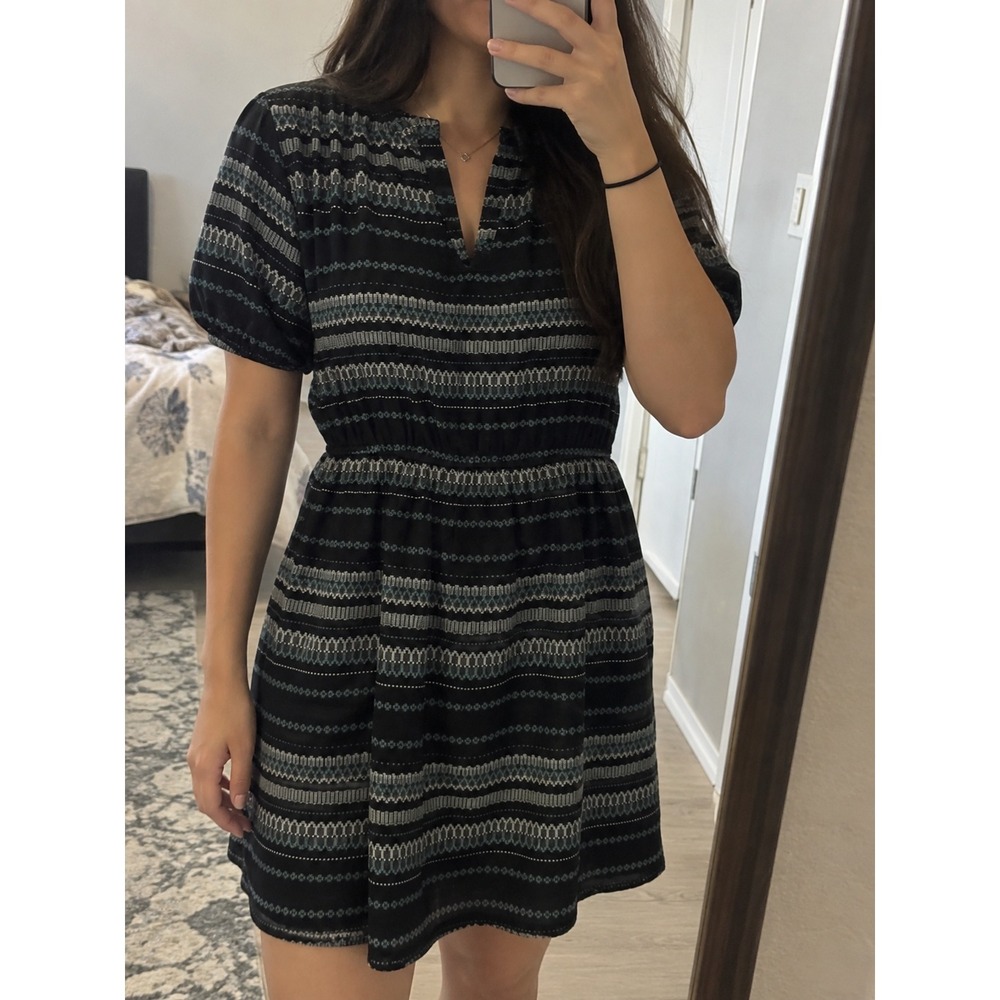 LOFT Outlet Black Teal Geometric Print Split Neck Mini Dress MP Petite